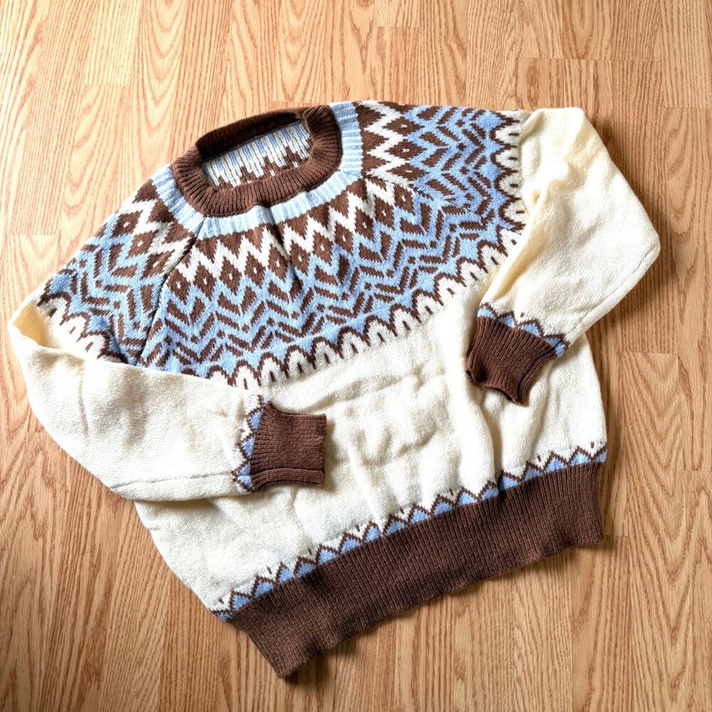 Retro Tribal Pattern Sweater Sz XL Brown Blue Cream Knit Pullover Vintage Style - Picture 2 of 11